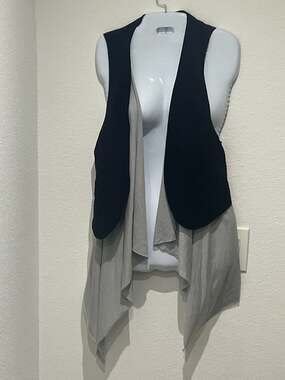 Not Forever Grey High Low Waterfall Swing Vest with Navy Trim